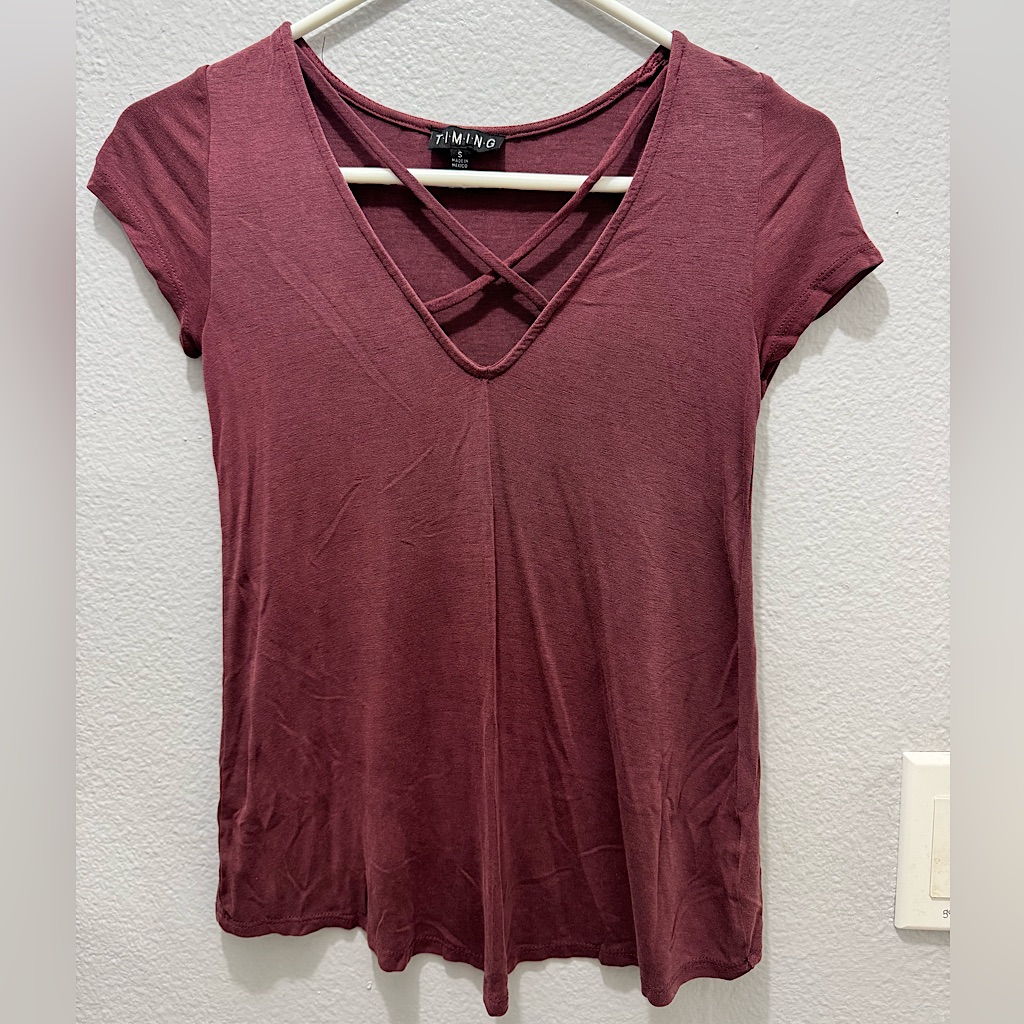 Timing Maroon Crisscross V-Neck Tee